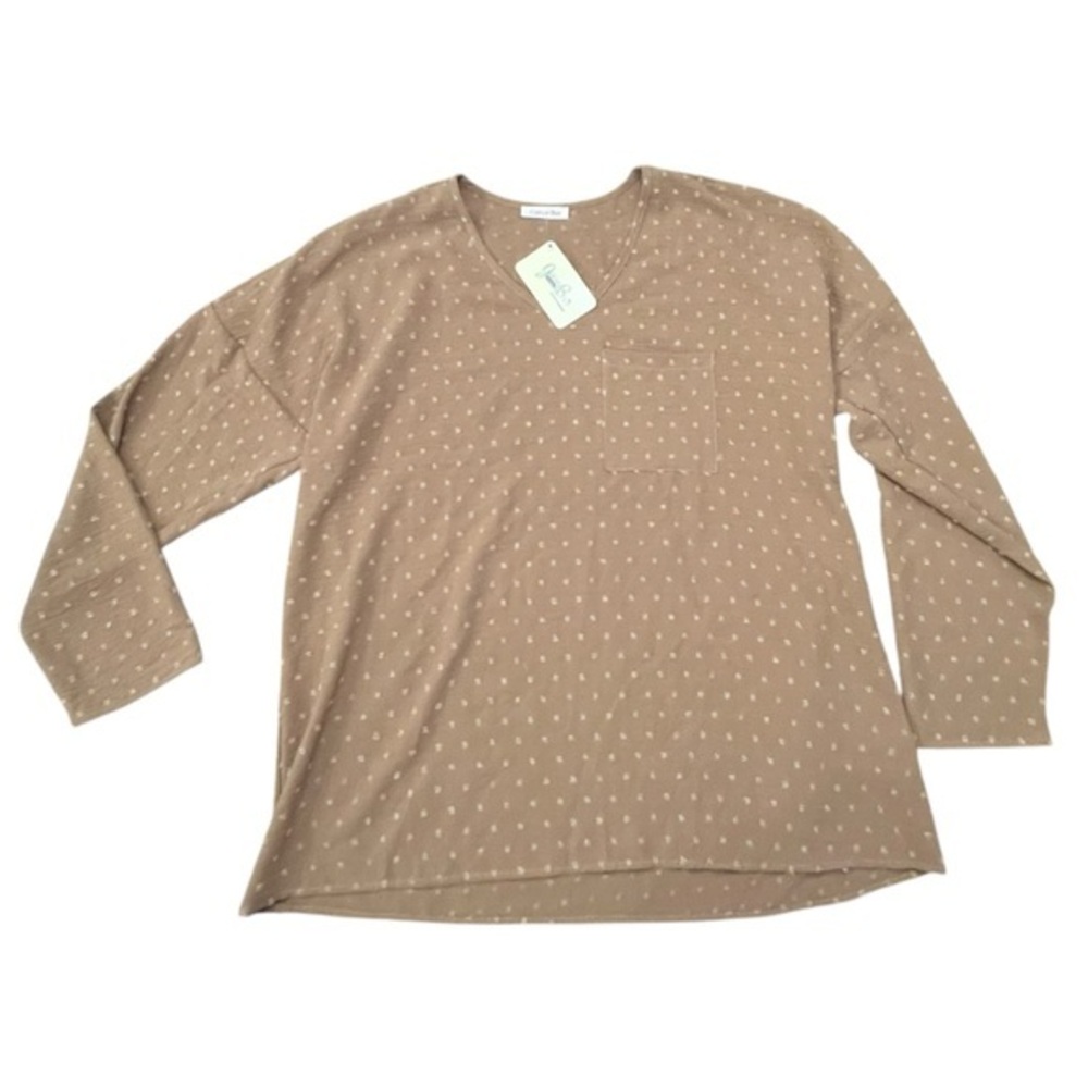Cotton Bleu Blouse Camel Brown Swiss Dots V-neck Flowy Long Sleeve Medium NWT